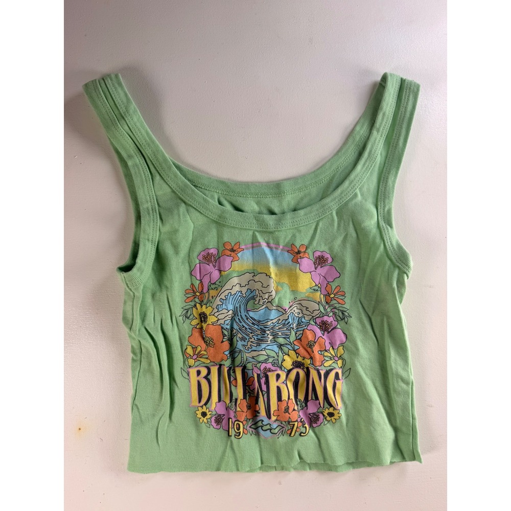 Billabong Tank Top Womens Small Green Y2K Tropical Wave Floral Graphic Crop